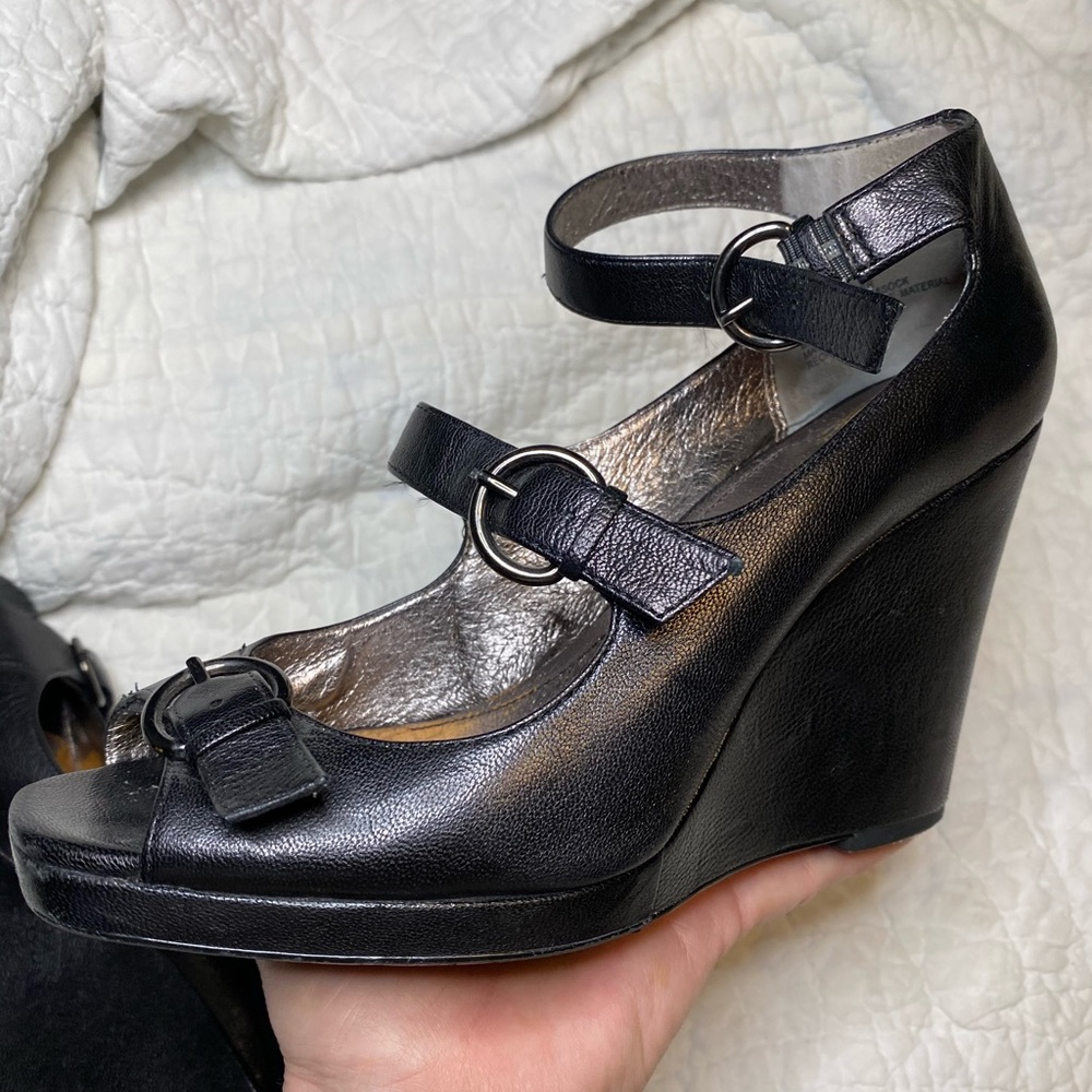 Black leather, wedge platform heels, Size 8 1/2